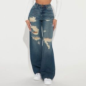 Fashion Nova Hit The Road Distressed Wide Leg Jean in Medium Wash